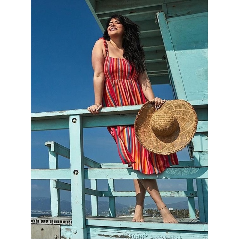 Torrid Midi Challis Smocked Tiered Dress in Stripe Pink - Picture 10 of 13